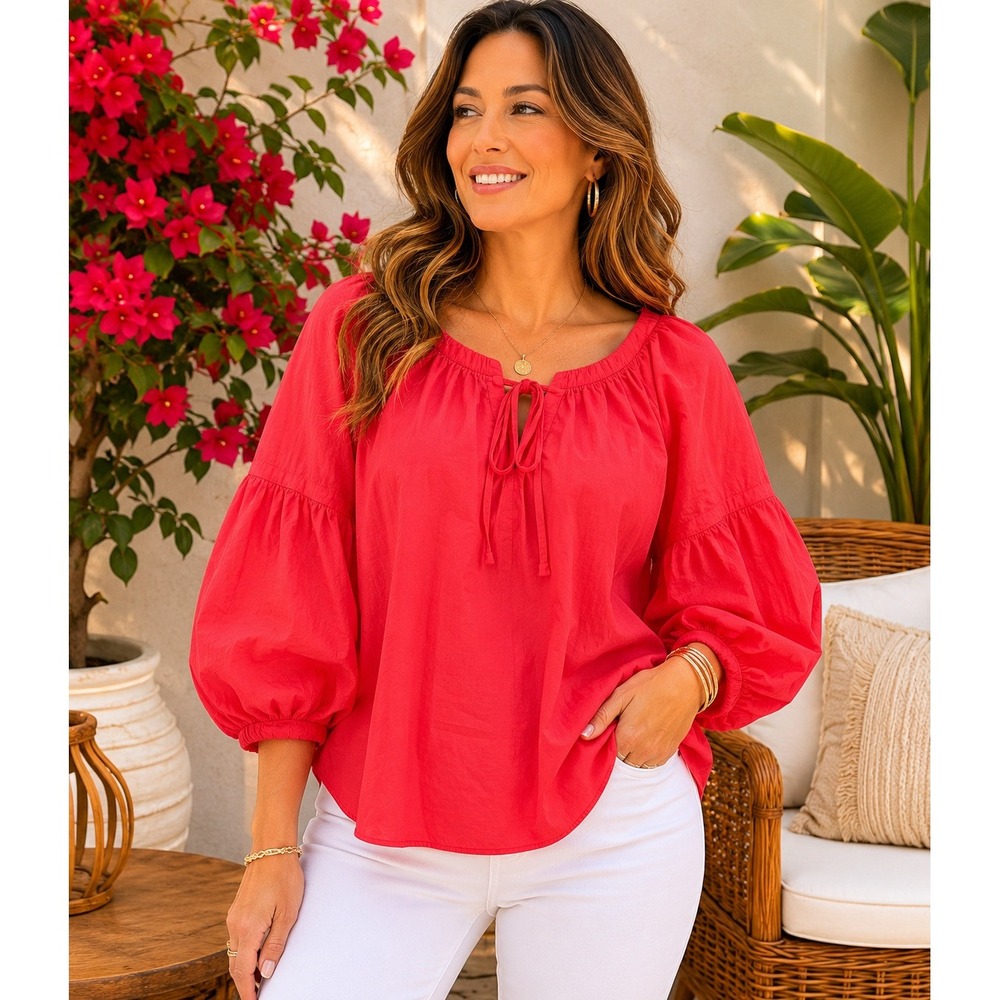 Tommy Bahama Peasant Blouse Womens M Coral Red Cotton Silk Balloon Sleeve Top